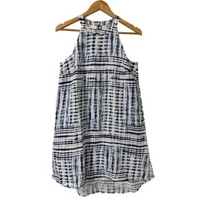 Cynthia Rowley 100% Linen Blue White Tie Dye Halter Shift Mini Dress Womens S